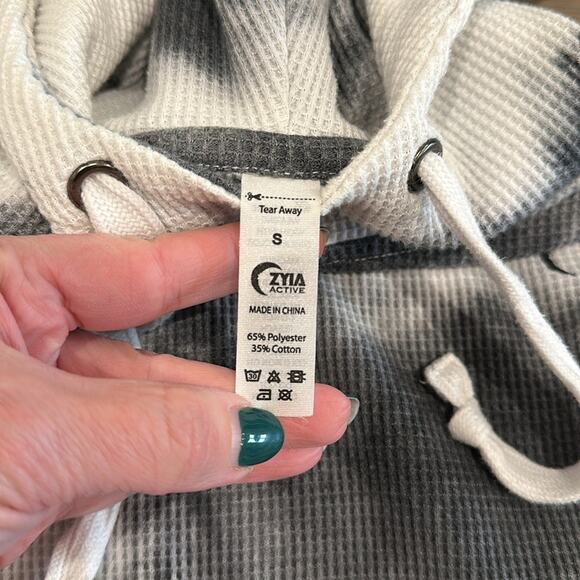 ZYIA ACTIVE White Gray Hexrix Thermal Pocket Tie Dye Waffle Knit Hoodie Size S - Picture 8 of 10